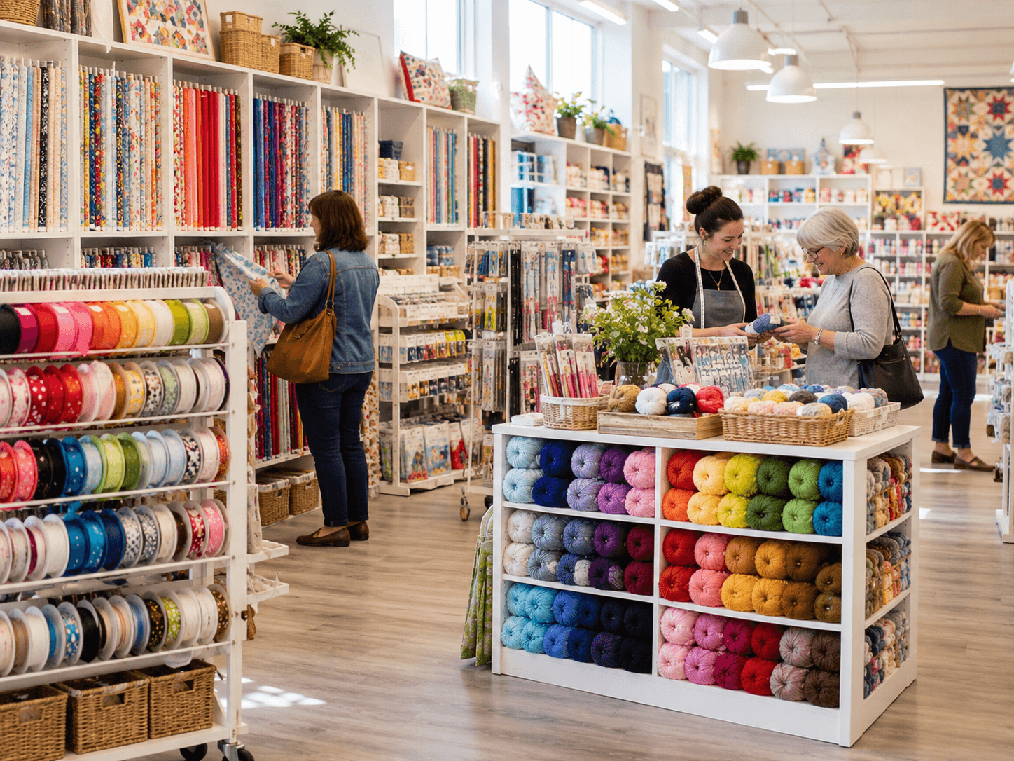 Bolts of fabric arranged on store shelves