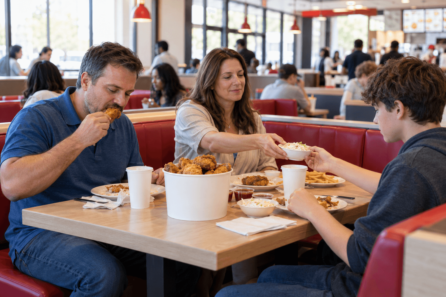 People talking over a meal in a quick-service restaurant