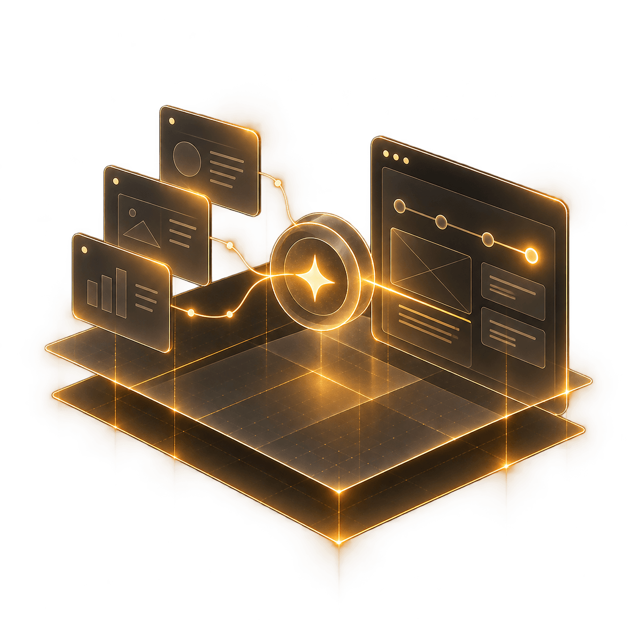 Golden isometric platform representing an AI-accelerated discovery process