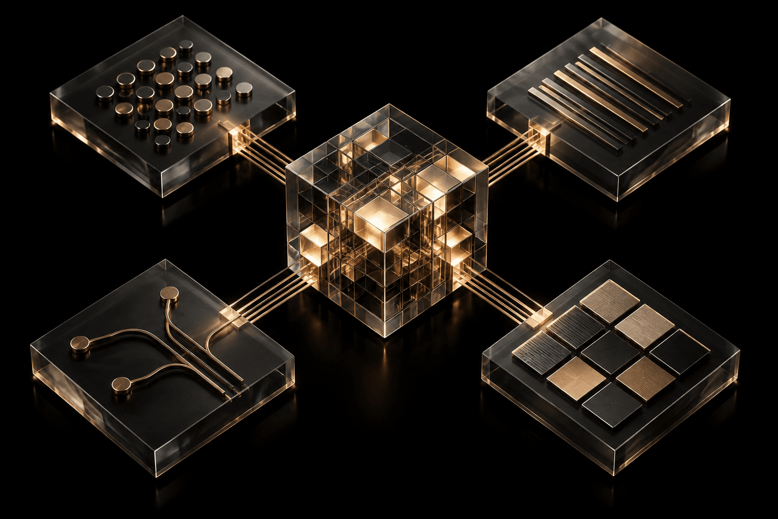 Golden cubes and connecting lines representing structured discovery inputs