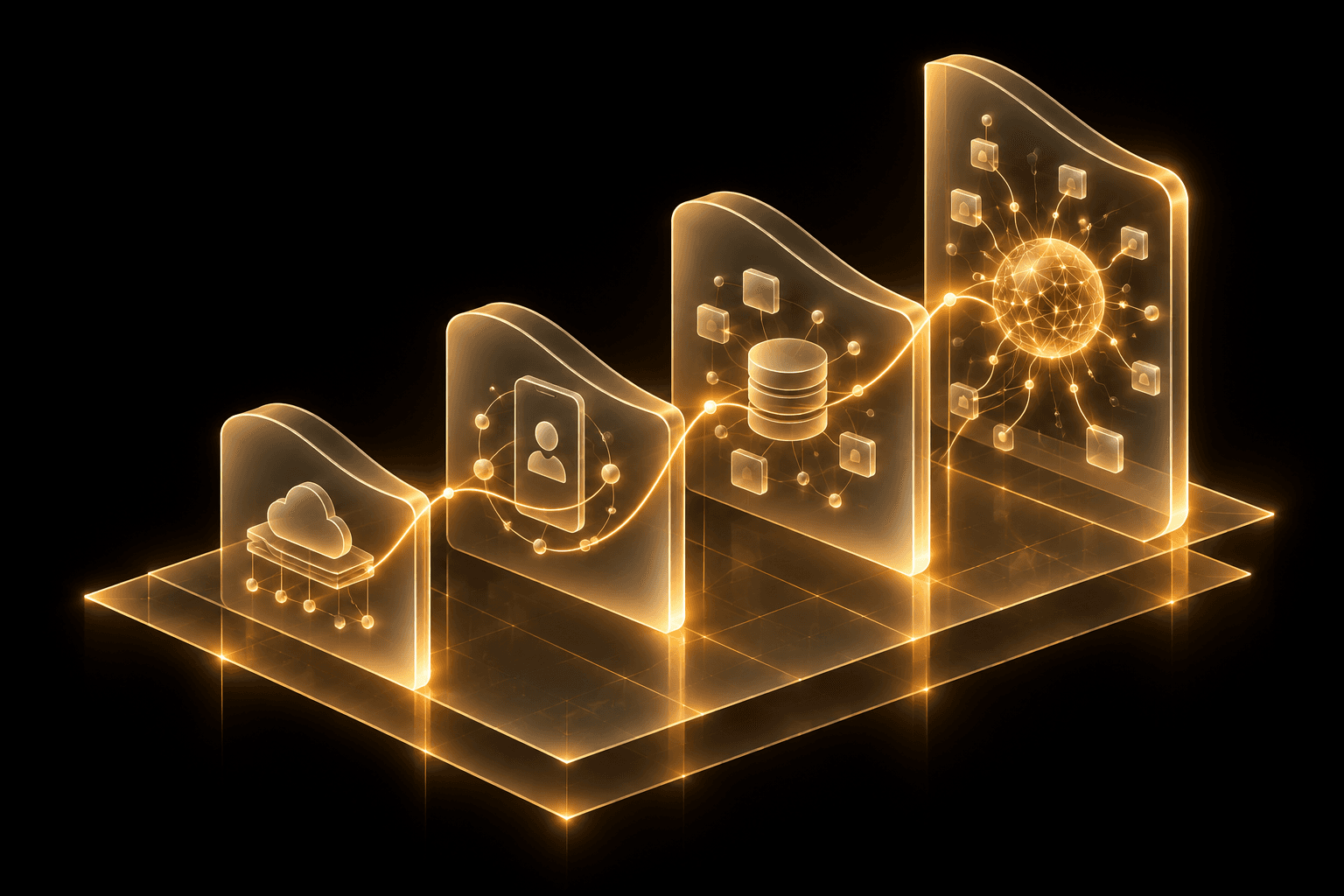 Glowing gold interface panels arranged in a row
