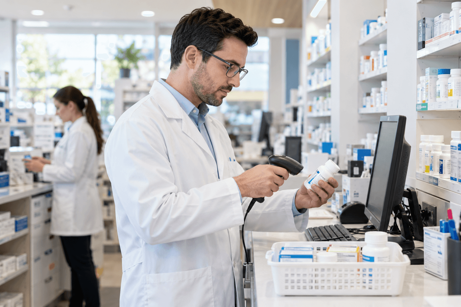 Pharmacist reviewing a prescription in a retail pharmacy