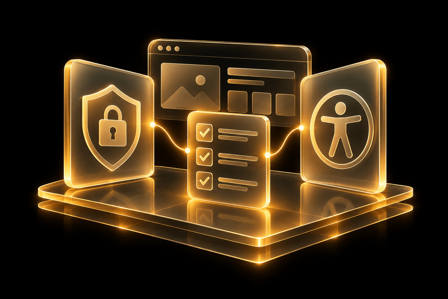 Golden lock, documents, and accessibility symbol representing GDPR and WCAG