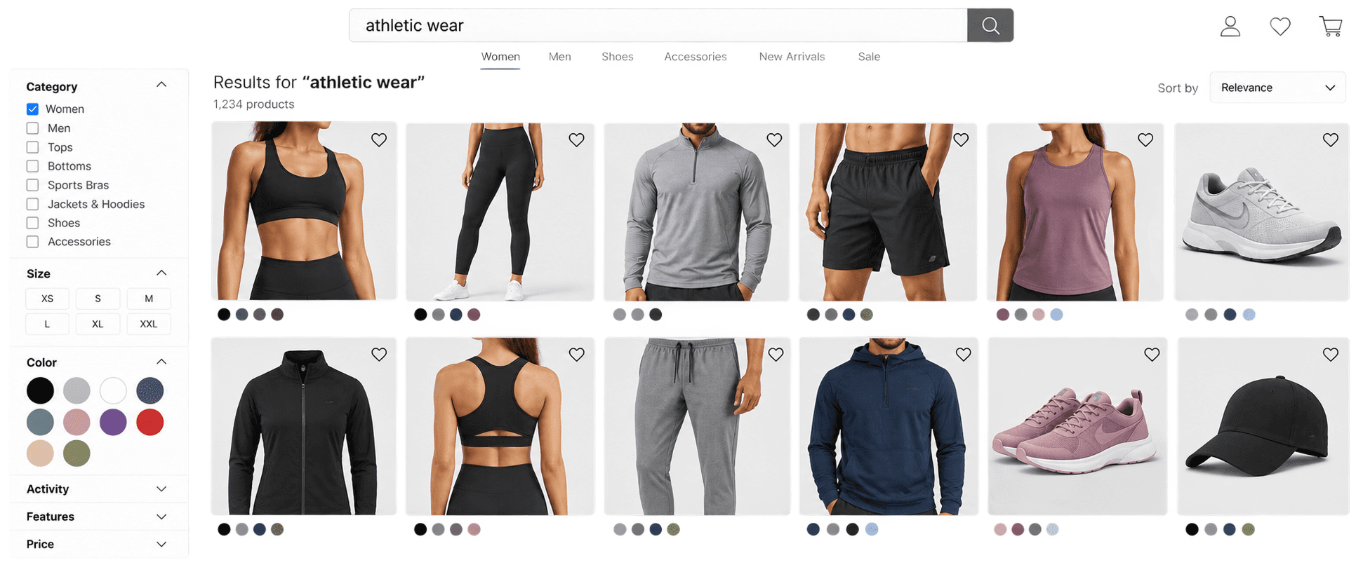 Athletic apparel and footwear displayed in a row
