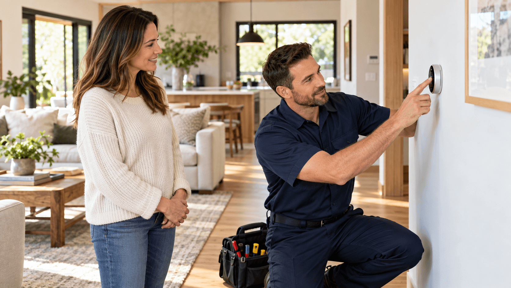 People using a wall-mounted control in a home services setting